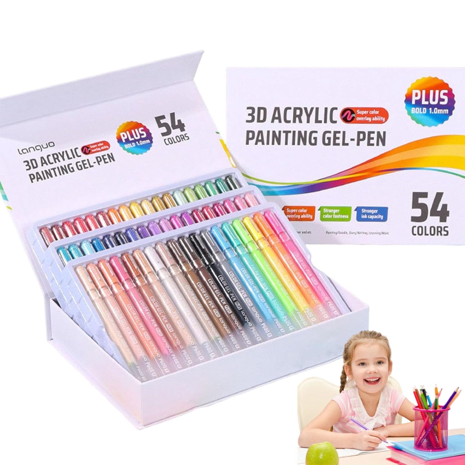 Langou 3D Acrylic Painting Gel Pens,3D Acrylic Gel Pen,Glitter Gel Pens for Adult Coloring,Muticolor Marker Art Set, Coloring Paint Pen for Doodle, Drawing, DIY Projects, Crafts Art Supplie (54 pcs)