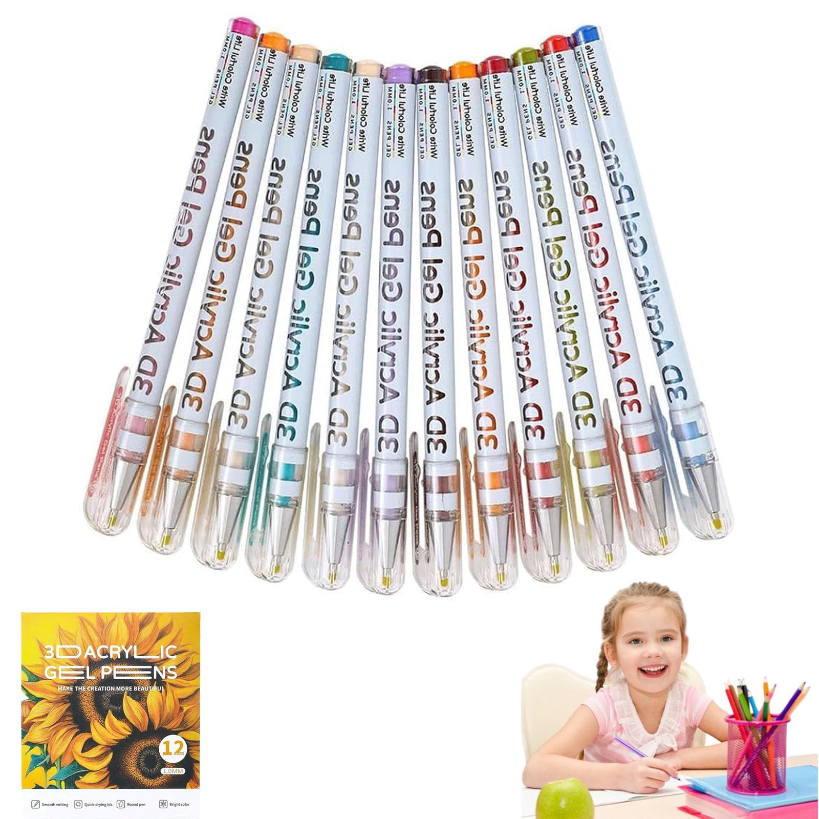 Langou 3D Acrylic Painting Gel Pens,3D Acrylic Gel Pen,Glitter Gel Pens for Adult Coloring,Muticolor Marker Art Set, Coloring Paint Pen for Doodle, Drawing, DIY Projects, Crafts Art Supplie (12 pcs)