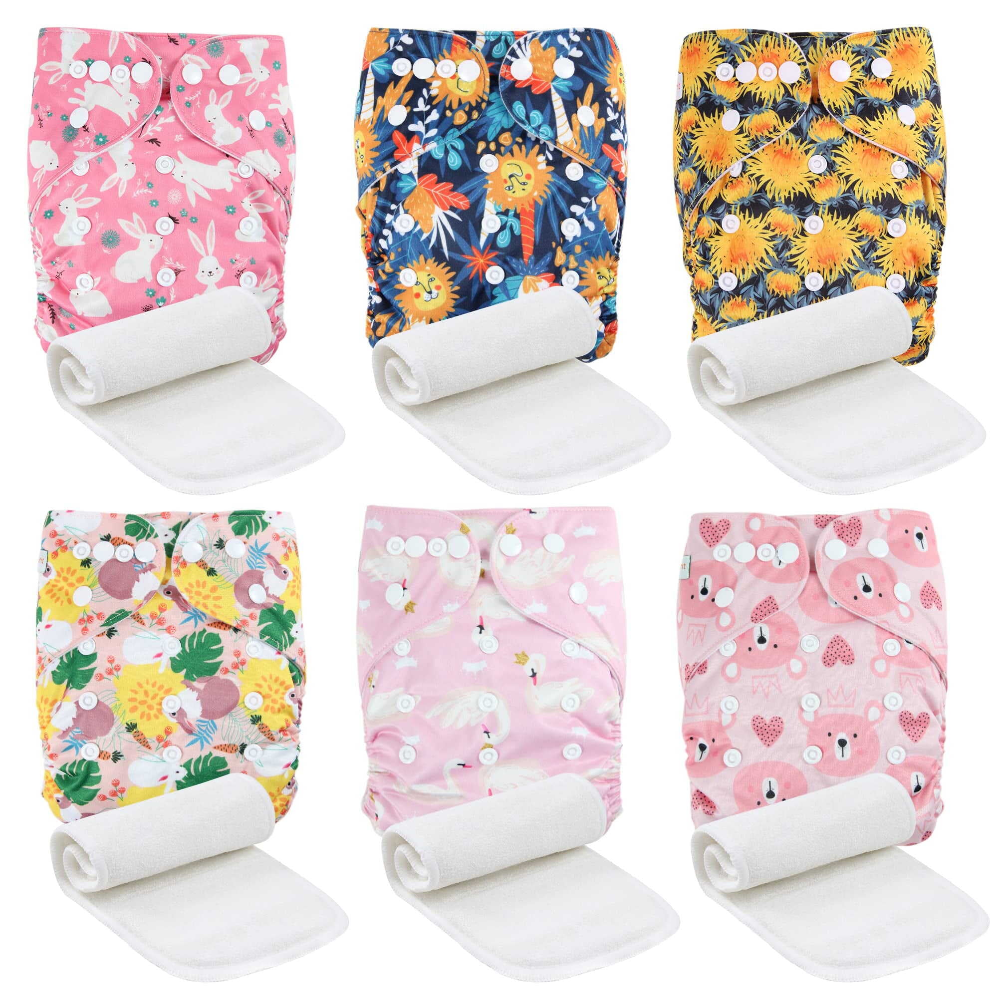 Langsprit 6 Pack Baby Cloth Diaper with 6 Highly Absorbent Inserts, Reusable  Baby Diapers, Washable Cloth Diapers Newborn, Animal World 