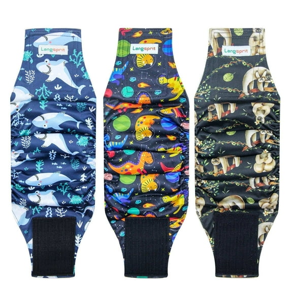 Langsprit Male Belly Bands for Dogs (Pack of 3) - High Absorbing Dog Wraps Male Washable - Reusable Male Dog Diapers,Sloth,Whale,Dinosaur,XL