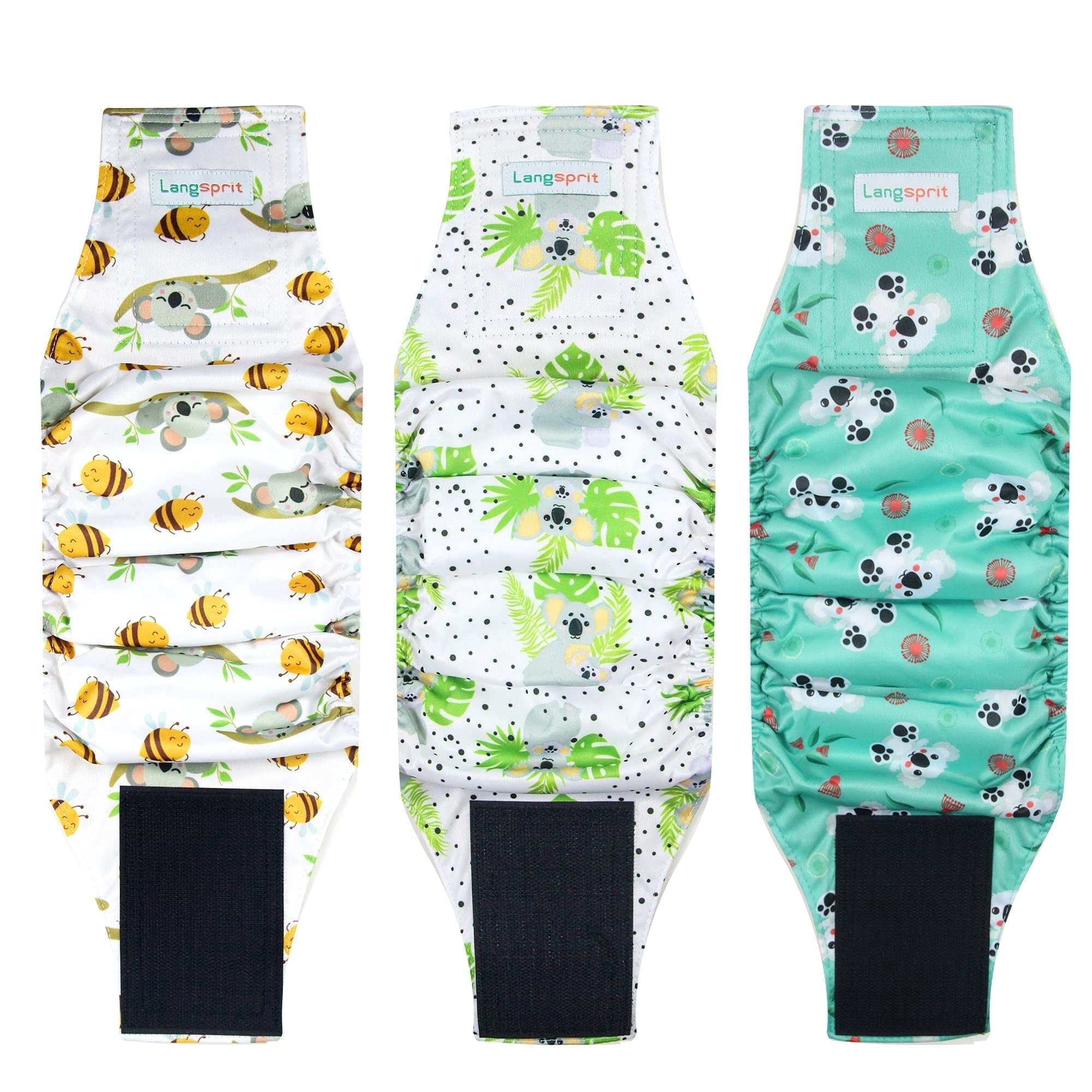 Langsprit Male Belly Bands for Dogs (Pack of 3) - High Absorbing Dog Wraps Male Washable - Reusable Male Dog Diapers,Koala,XS