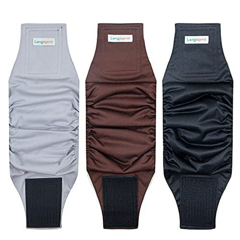 Langsprit Male Belly Bands for Dogs (Pack of 3) - High Absorbing Dog Wraps Male Washable - Reusable Male Dog Diapers,Black,Gray,Coffee,L