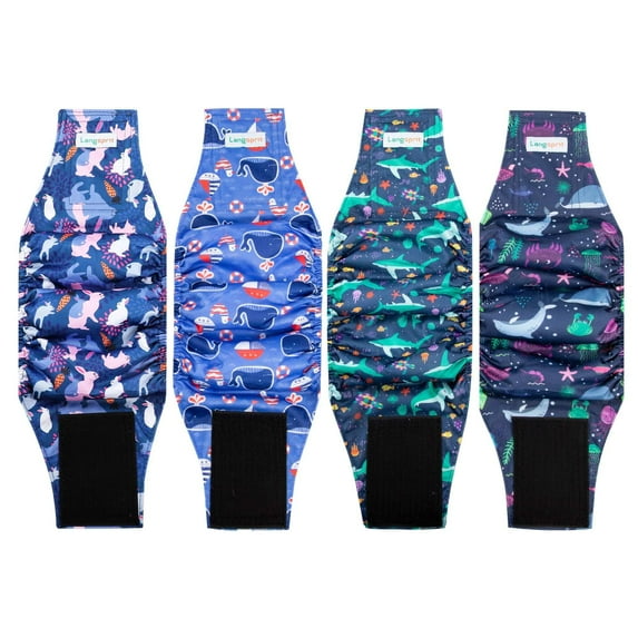 Langsprit Male Belly Bands for Dogs(4 pack) - High Absorbing Dog Wraps Male Washable - Reusable Male Dog Diapers(Shark,Tortoise,Rabbit,Whale)S