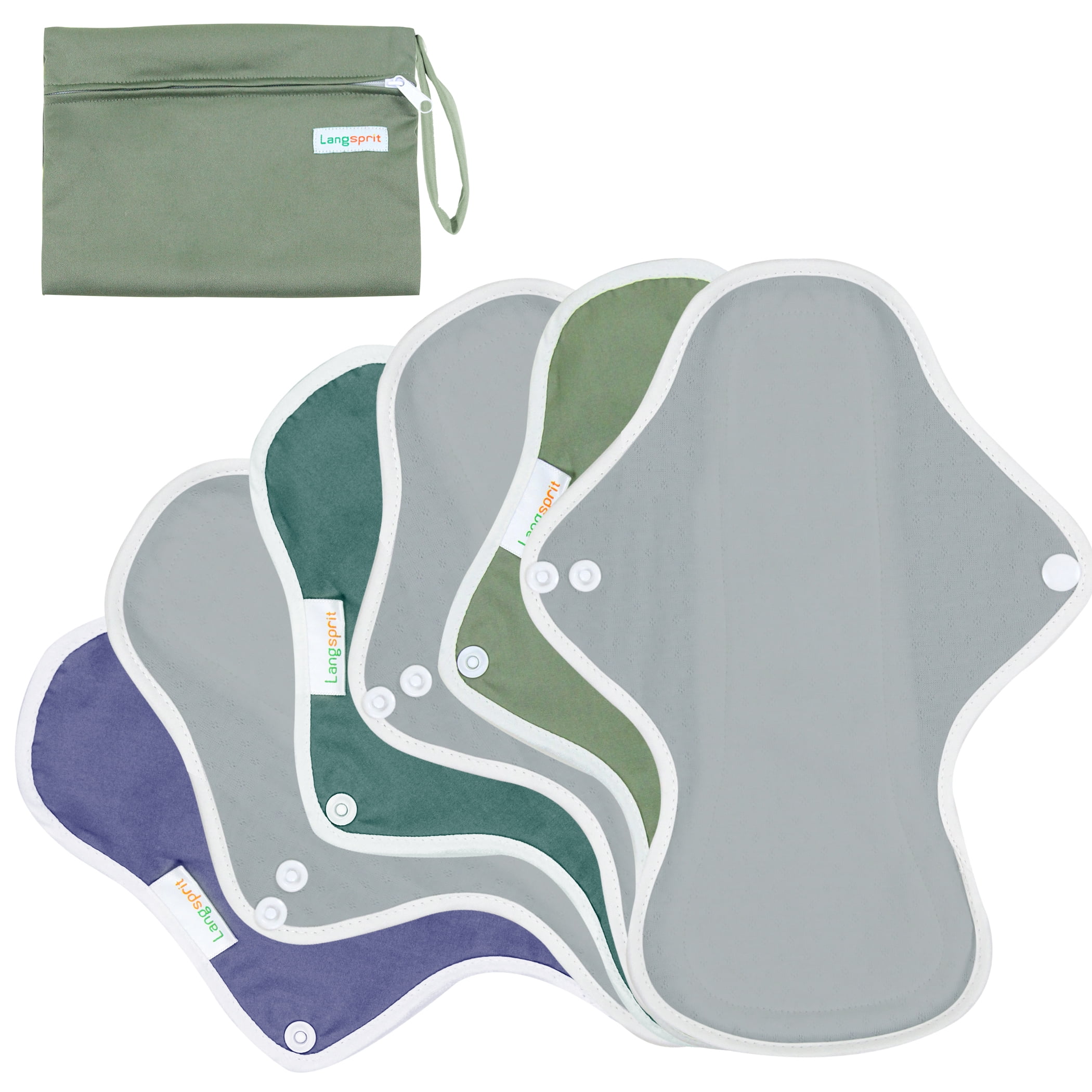 Langsprit Reusable Sanitary Pads for Women, Set of 6 with Mini Wet Bag Feminine Pads, Washable Cloth Menstrual Pads, Avocado Green, Medium