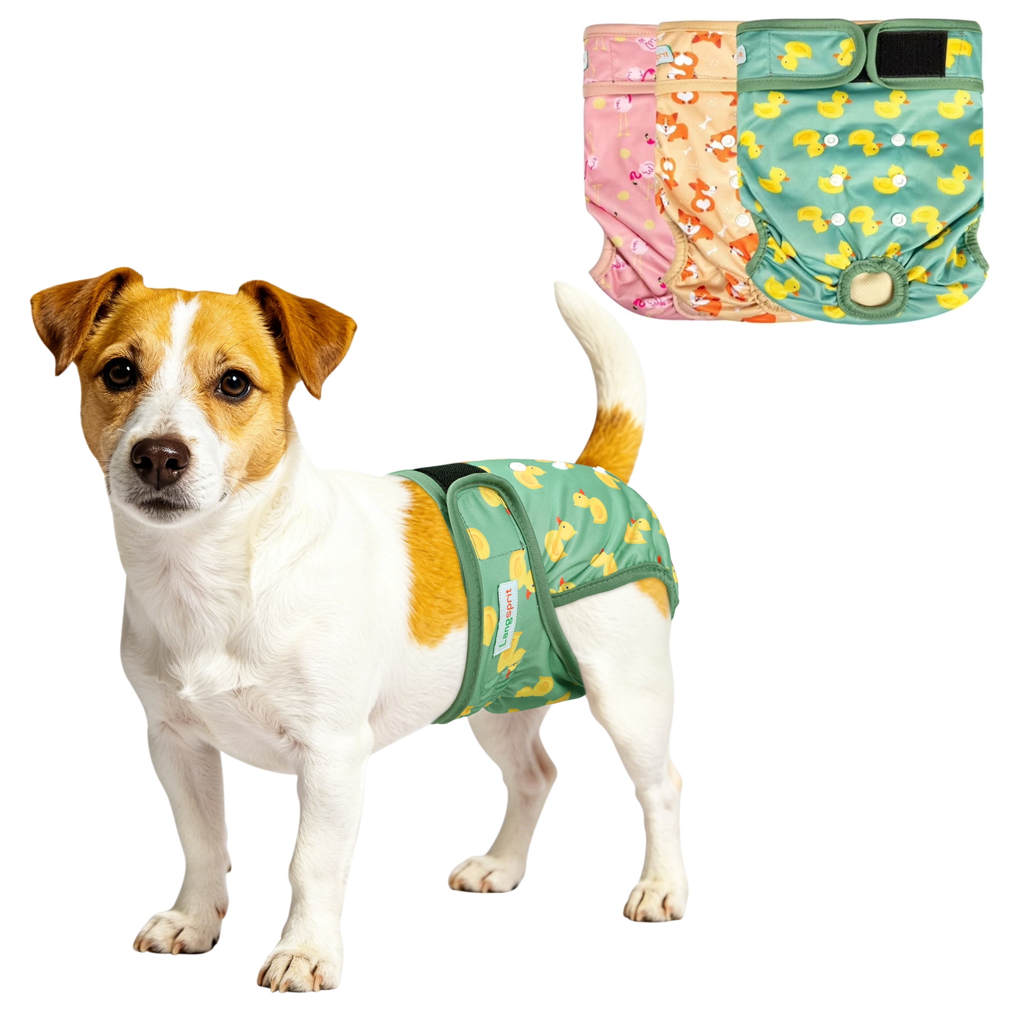Langsprit Washable Female Dog Diapers (3 Pack) - No Leak Reusable Diapers for Doggy Female in Period - Highly Absorbent Dog Heat Panties with Adjustable Snaps,Flamingo Dog Duck,S