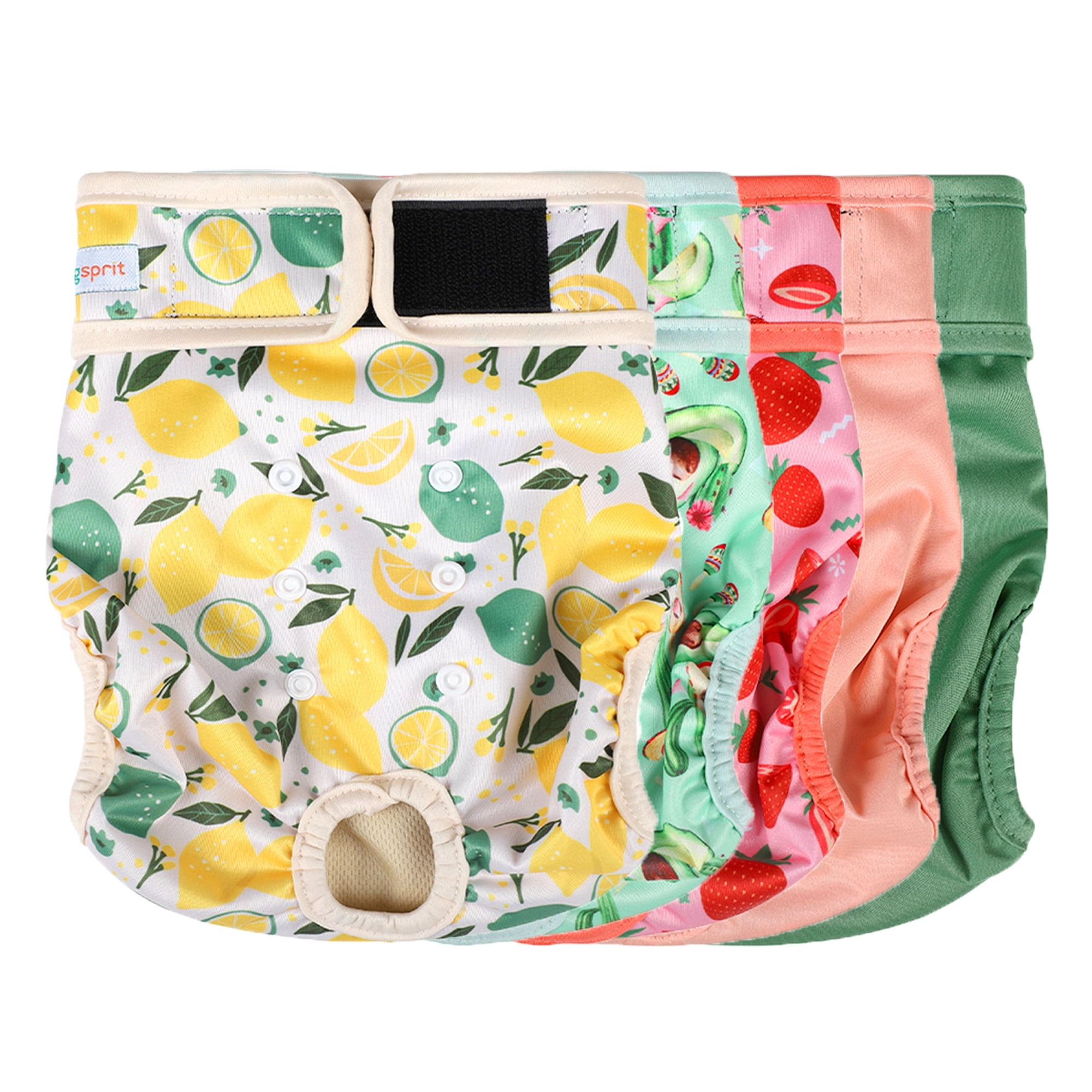 Langsprit Washable Female Dog Diapers (5 Pack) - No Leak Reusable Diapers for Doggy Female in Period - Highly Absorbent Dog Heat Panties with Adjustable Snaps,Fruit,M