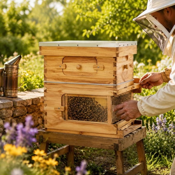 Langstroth Bee Hive Kit, 20 Frame, Wax-Dipped Fir Wood, Acrylic Windows, 1 Deep + 1 Medium Box