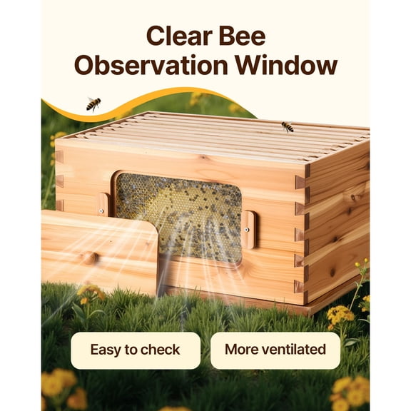 Langstroth Beehive Kit with 30 Frames, 2 Deep&1 Medium Boxes, Beeswax Coated Fir Wood, Clear Acrylic Windows&Foundations for Beginner Beekeepers