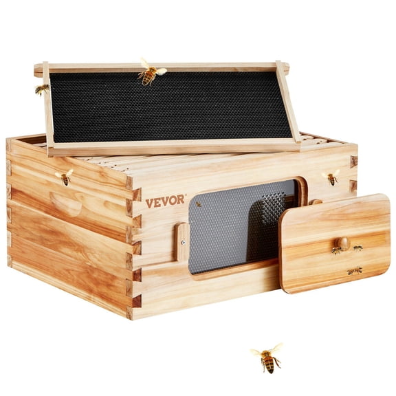 Langstroth Beehive Starter Kit 10 Frames Foundations Natural Fir Wood 100 Percent Beeswax Coated Transparent Acrylic Windows for Beginner Pro Beekeepers