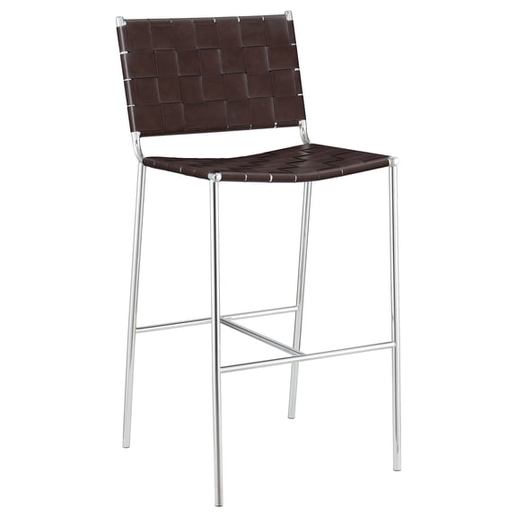 Langton Brown Faux Leather Upholstered Bar Chair - Mid-Century Modern Chrome Metal Kitchen Counter Stool with Woven Backrest & Footrest, 41.75" H x 19" W, Contemporary Brown