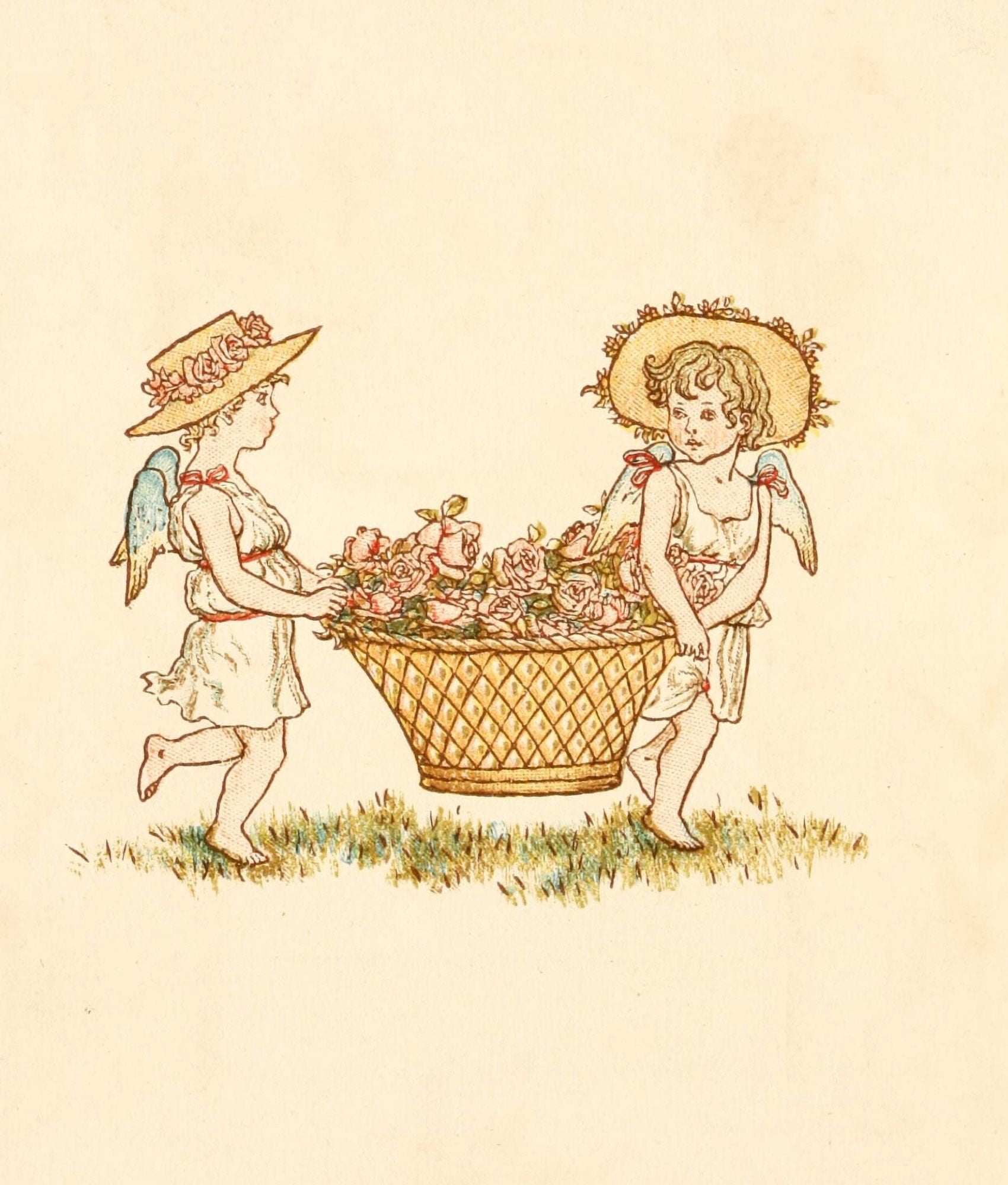 Language of Flowers 1884 Fairy children with flower basket Canvas Art - Kate Greenaway (24 x 36)