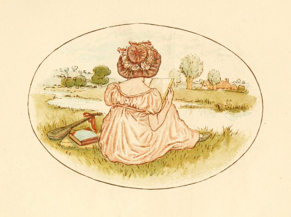 Language of Flowers 1884 Reading by the river Canvas Art - Kate Greenaway (24 x 36)