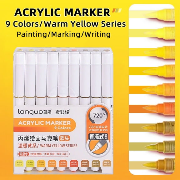 Languo Automatic Ink Control Acrylic Paint Markers, 9 pcs Soft Brush Tip Acrylic Paint Pens set with 14 professional color serie