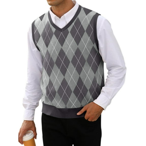 Langwyqu Argyle Pattern Men V-Neck Sleeveless Knit Sweater Vest Pullover