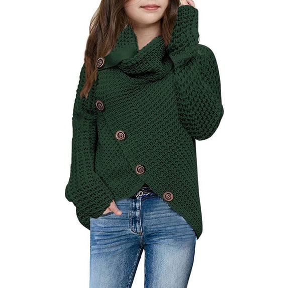 Langwyqu Autumn Winter Children Button Turtle Cowl Neck Asymmetric Hem Kids Girls Wrap Pullover Sweater