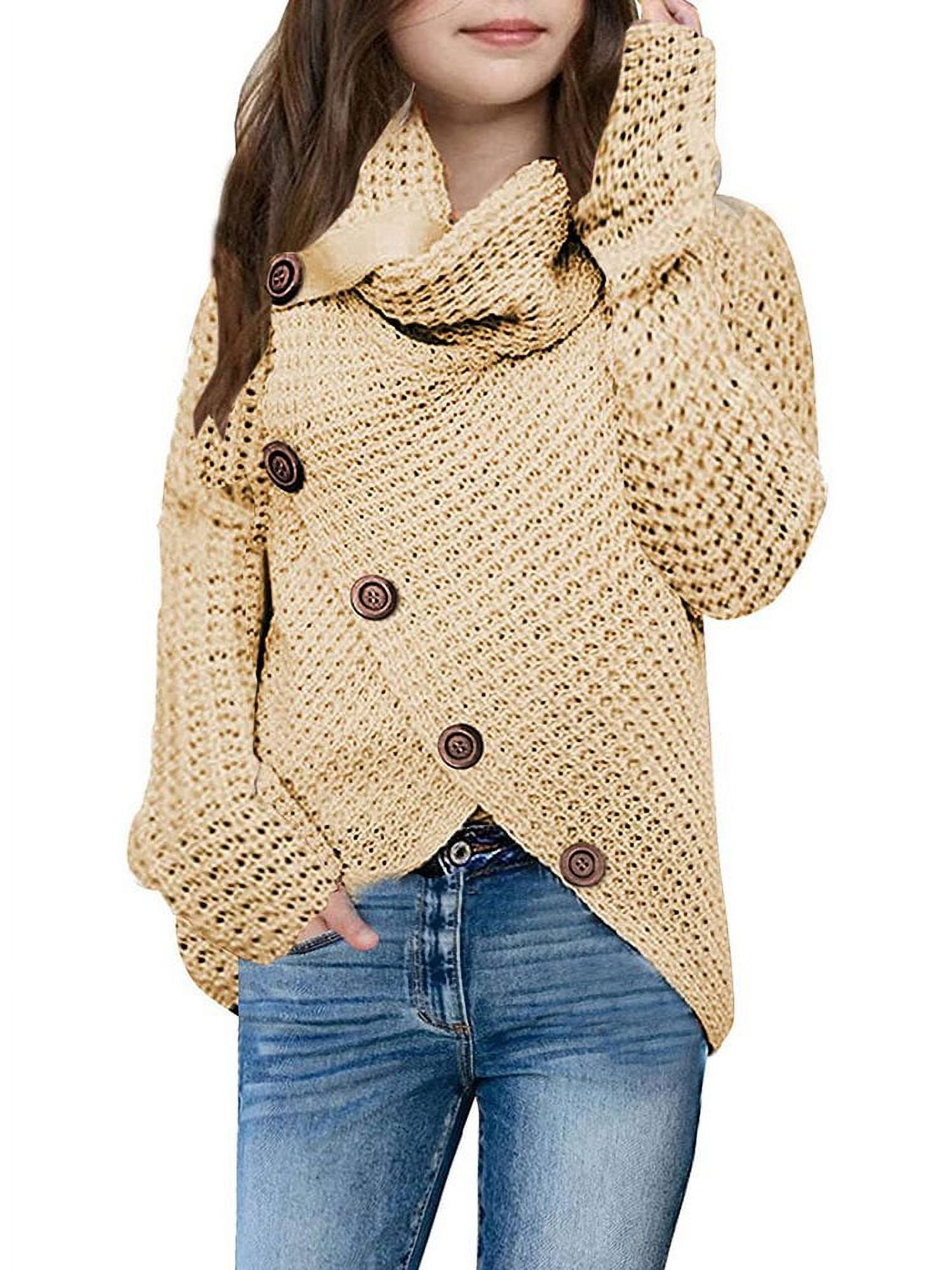  Haloumoning Girls Sweaters Button Turtle Cowl Neck Asymmetric  Hem Wrap Pullover Sweaters for Girls: Clothing, Shoes & Jewelry