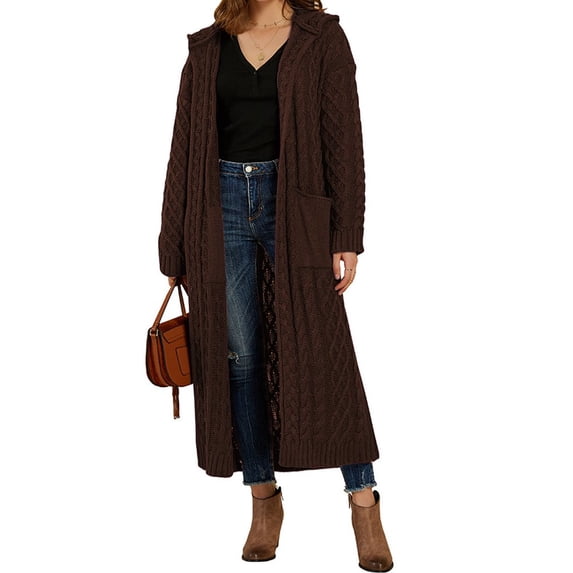 Langwyqu Autumn Winter Long Open Front Cardigan Knit Ankle Length Hooded Sweater With Pocket
