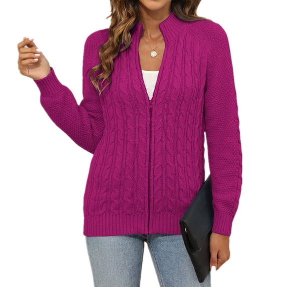 Langwyqu Autumn Winter Long Sleeve Women Cable Knit Coat Zipper Cardigan Sweater