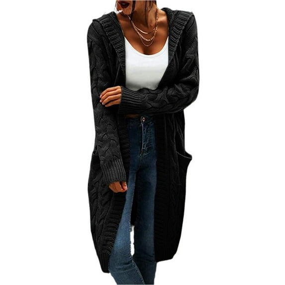 Langwyqu Autumn Winter Women Knit Long Hooded Cardigan Sweater With Pocket