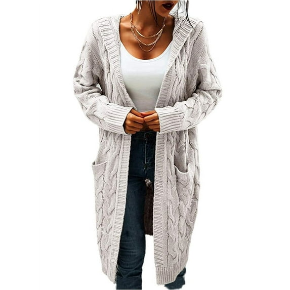 Langwyqu Autumn Winter Women Knit Long Hooded Cardigan Sweater With Pocket