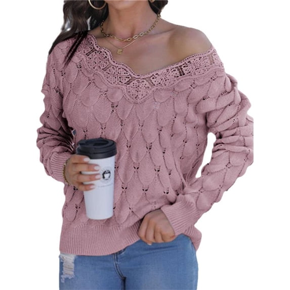 Langwyqu Autumn Winter Women Lace Stitching V Neck Knit Sweater Pullover