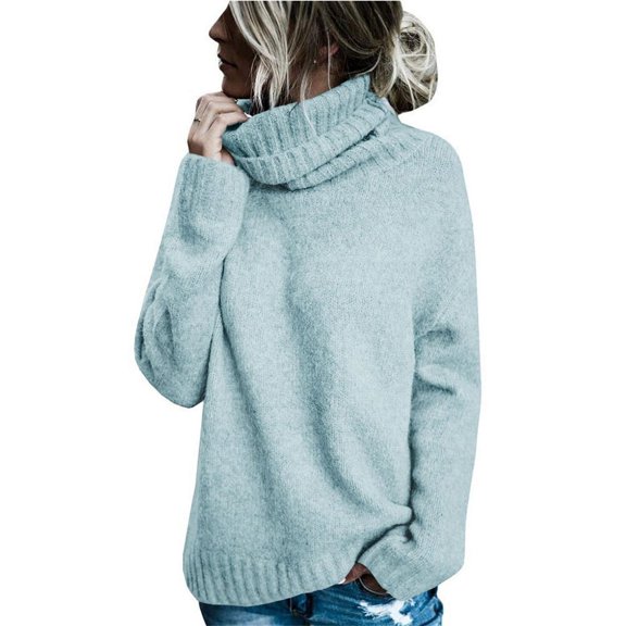 Langwyqu Autumn Winter Women Roll Neck Solid Knit Sweater Pullover