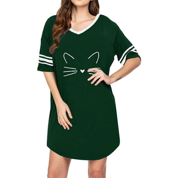 Langwyqu Cat Print Women Short Sleeve V-Neck Loose Oversize Sleeping Dress