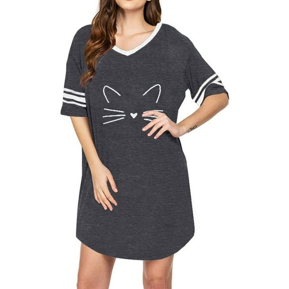 Langwyqu Cat Print Women Short Sleeve V-Neck Loose Oversize Sleeping Dress