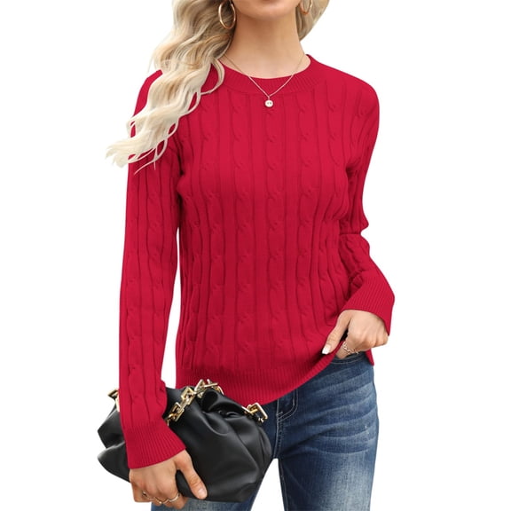 Langwyqu Fall Winter Women Long Sleeve Cable Knit Sweater Pullover