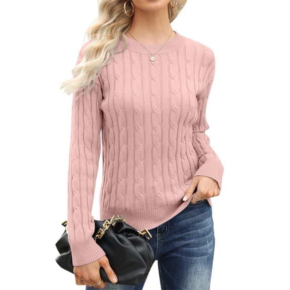 Langwyqu Fall Winter Women Long Sleeve Cable Knit Sweater Pullover
