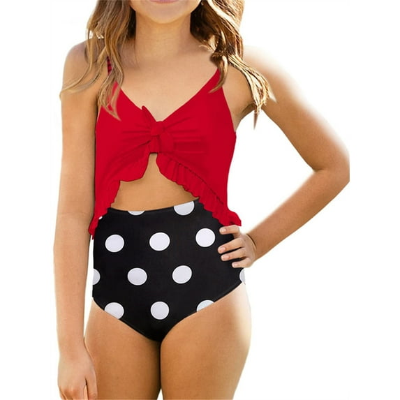 Langwyqu Floral Print Girls High Waist One Piece Ruffle Swimsuit For 5-14 Years