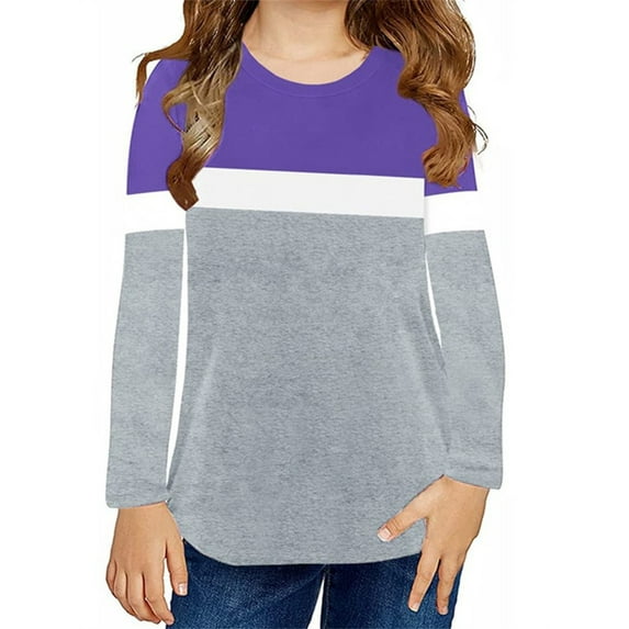Langwyqu Girls Casual Long Sleeve T Shirts Children Color Block Stripe Tee Size 4-15 Years