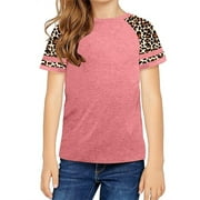 Langwyqu Girls Casual Short Sleeve Leopard Print T Shirts Children Spring Fall Tops for Size 4-15 Years