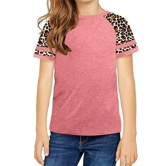 Langwyqu Girls Casual Short Sleeve Leopard Print T Shirts Children Spring Fall Tops for Size 4-15 Years