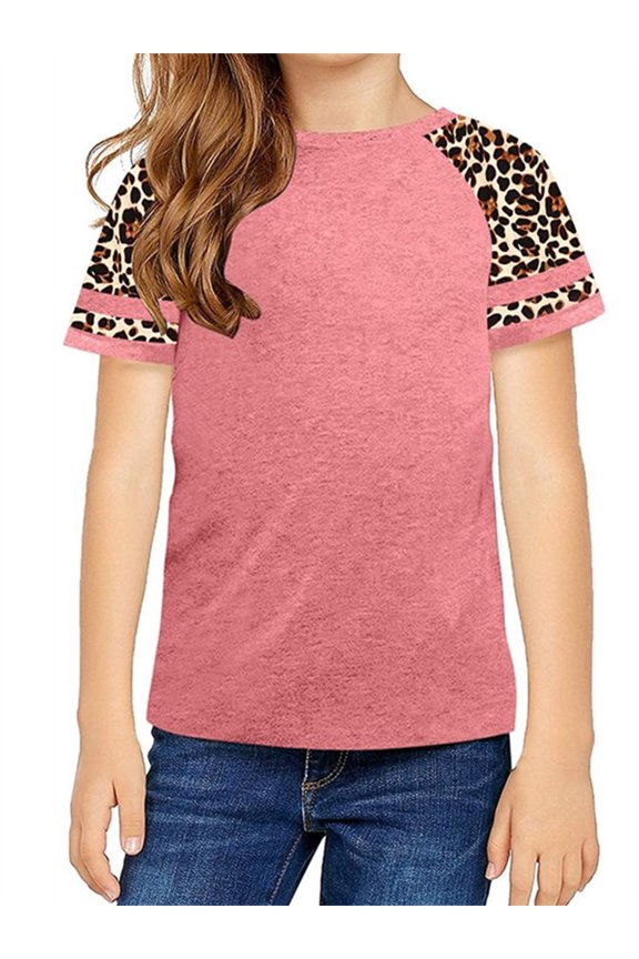 Girls Casual Short Sleeve Leopard Print T Shirts Children Spring Fall Tops for Size 4-15 Years