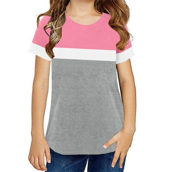 Langwyqu Girls Casual Short Sleeve T Shirts Children Color Block Stripe Tee Size 4-15 Years
