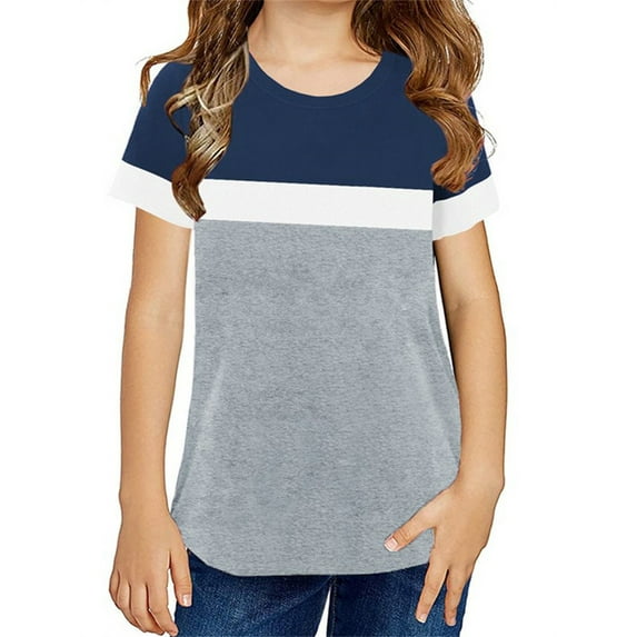 Langwyqu Girls Casual Short Sleeve T Shirts Children Color Block Stripe Tee Size 4-15 Years