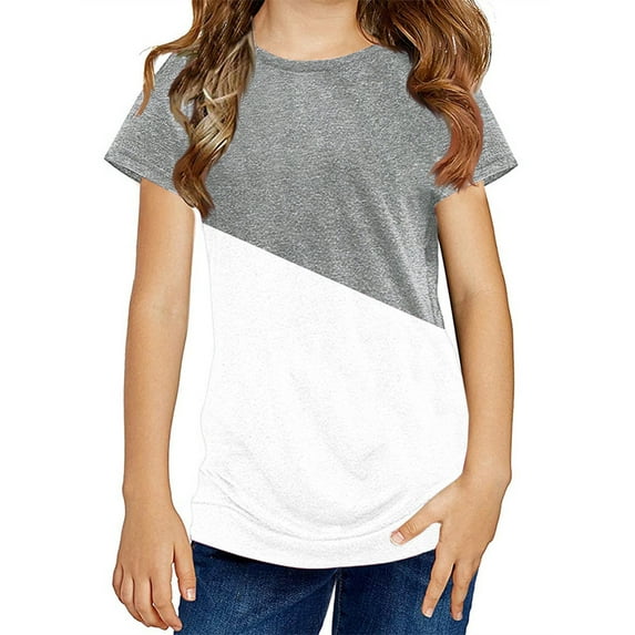 Langwyqu Girls Casual Short Sleeve T Shirts Kids Loose Tunic Tops Color Block Tee