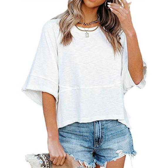 Langwyqu Half Sleeve Women Solid Color Batsleeve Loose Shirt Female Casual Leisure Tops