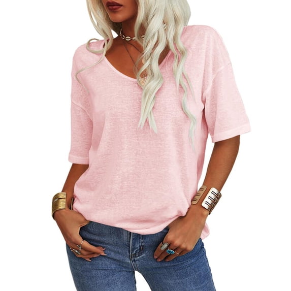 Langwyqu Half Sleeve Women V Neck Shirt Summer Female Solid Color Loose Tops