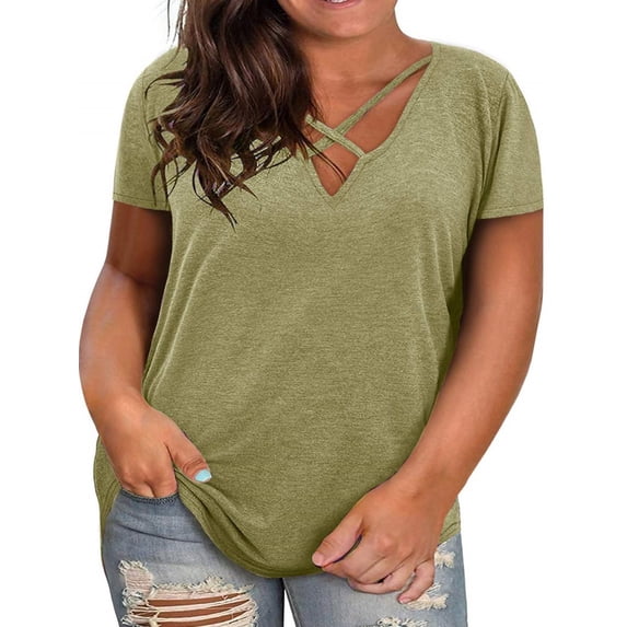 Langwyqu L-5XL Summer V Neck Criss Cross Shirt Women Plus Size Short Sleeve Solid Color Tops Tee