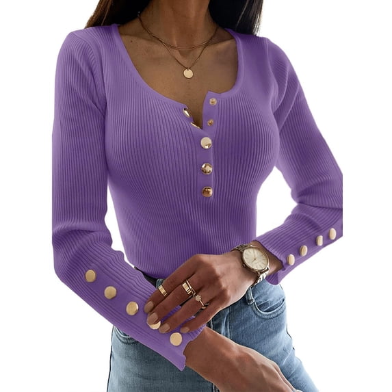 Langwyqu Long Sleeve Autumn Winter Bottoming Tops Women Slim Fit O-Neck Button Cable Sweater