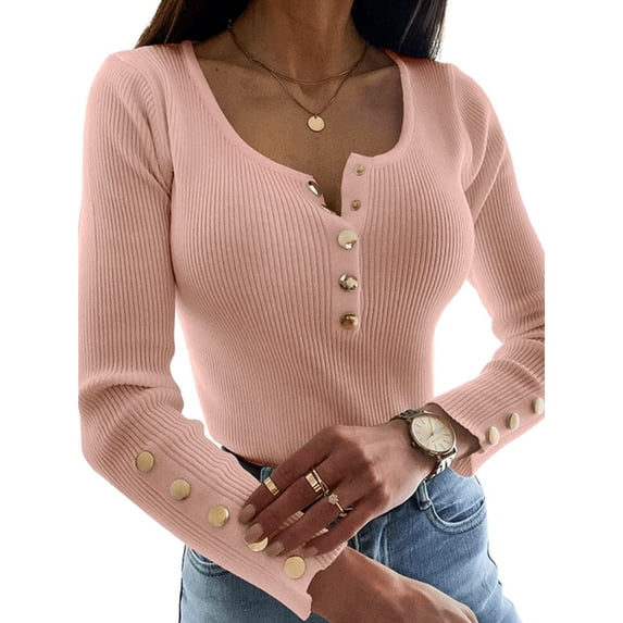 Langwyqu Long Sleeve Autumn Winter Bottoming Tops Women Slim Fit O-Neck Button Cable Sweater