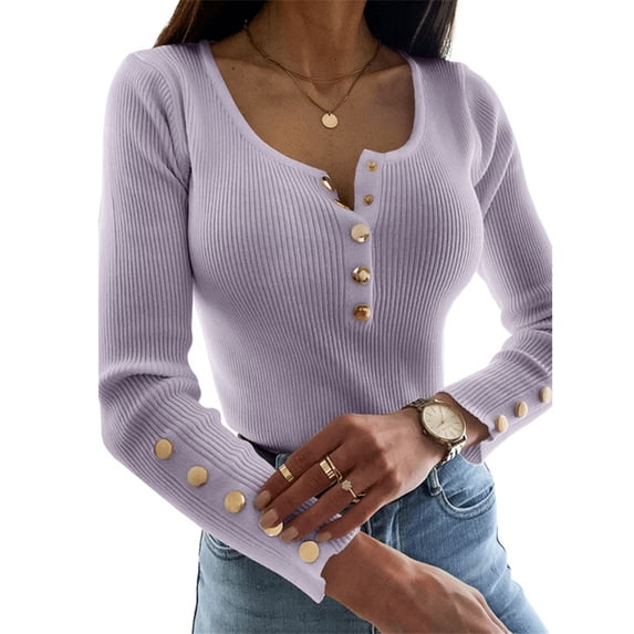 Langwyqu Long Sleeve Autumn Winter Bottoming Tops Women Slim Fit O-Neck Button Cable Sweater