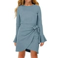 thumbnail image 1 of Langwyqu Long Sleeve Flared Sleeve Girls Slim Waffle Knit Dress With Belt For 5-14 Years, 1 of 5
