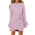 thumbnail image 1 of Langwyqu Long Sleeve Flared Sleeve Girls Slim Waffle Knit Dress With Belt For 5-14 Years, 1 of 5