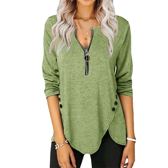 Langwyqu Long Sleeve Irregular Hem Women Side Button Zipper Tops Shirt