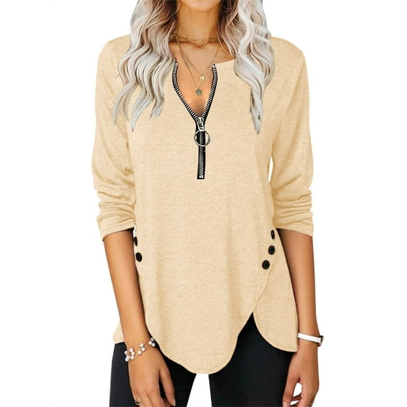 Langwyqu Long Sleeve Irregular Hem Women Side Button Zipper Tops Shirt