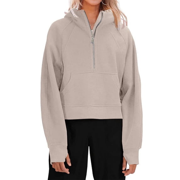 Langwyqu Long Sleeved Solid Sport Casual Half Zipper Crop Hoodies Short Sweatshirt