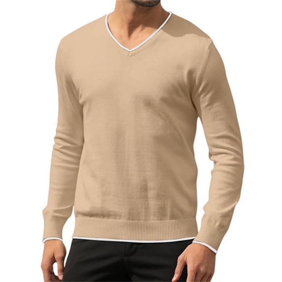 Langwyqu Men's V Neck Sweater Knitted Jumper Sweater Long Sleeve Pullover Top